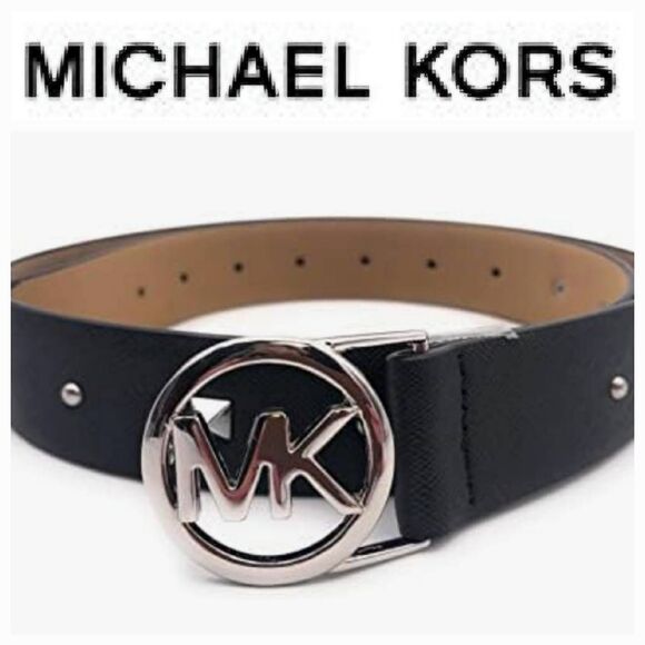 Michael Kors Studded Silver MK Logo Buckle Leather Belt - Picture 1 of 9